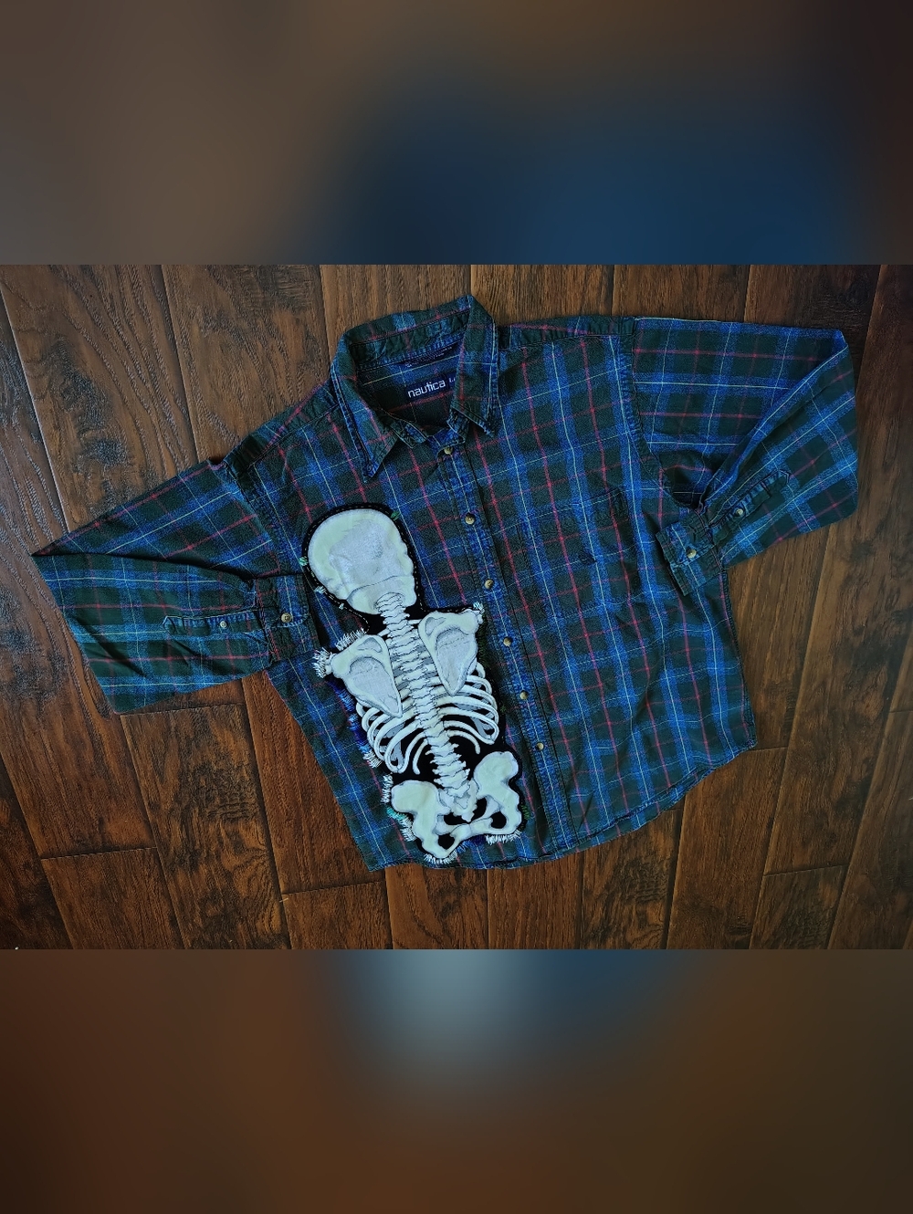 Custom vintage nautica x skull plaid long sleeve button down shirt Size L